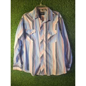 Wrangler Pearl Snap Striped Western Long Sleeve Shirt Mens Size large tall Blue
